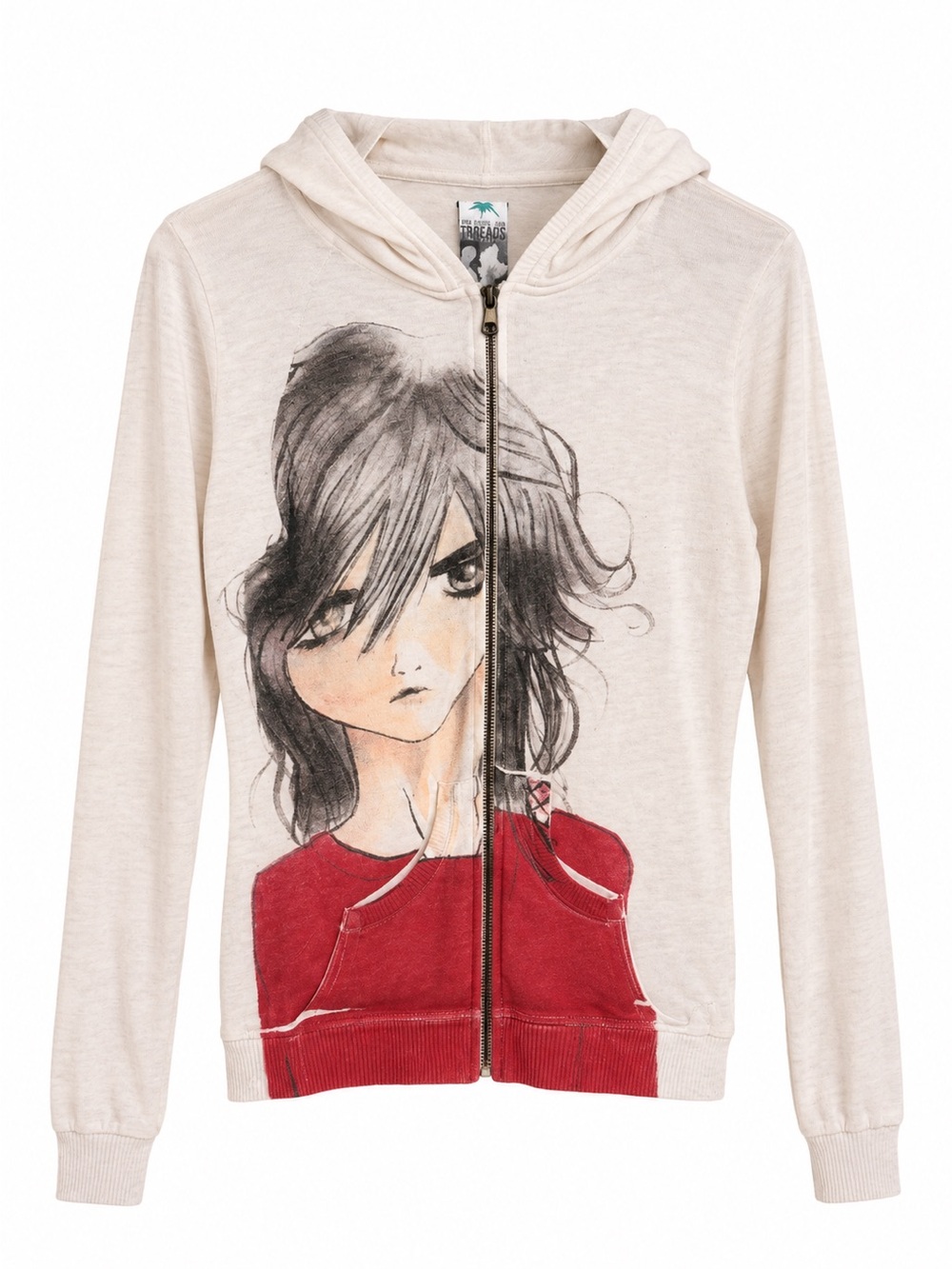 Zara Cream Hoodie with Red Graphic Pocket Detail Small